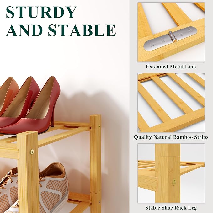Smiry Bamboo Shoe Rack, 6 Tier Free Standing Wooden Shoe Organizer, Stackable Wood Shoe Storage Shelf for Closet, Entryway, 12 Vertical Slats, 2+2+2 Stack Standard Legs, 26.8"x11"x39", Natural