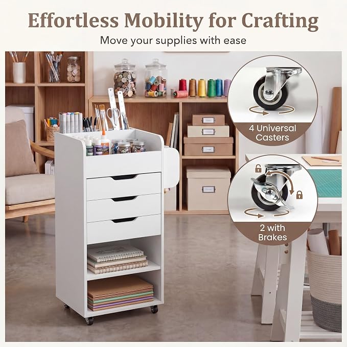 Tangkula Rolling Storage Cart, Wooden Drawer Cart with Drawers | Utility Storage Cart w/3 Shelves, Slots & Dowels, Mobile Organizer Cabinet on Wheels for Room Office Work Study