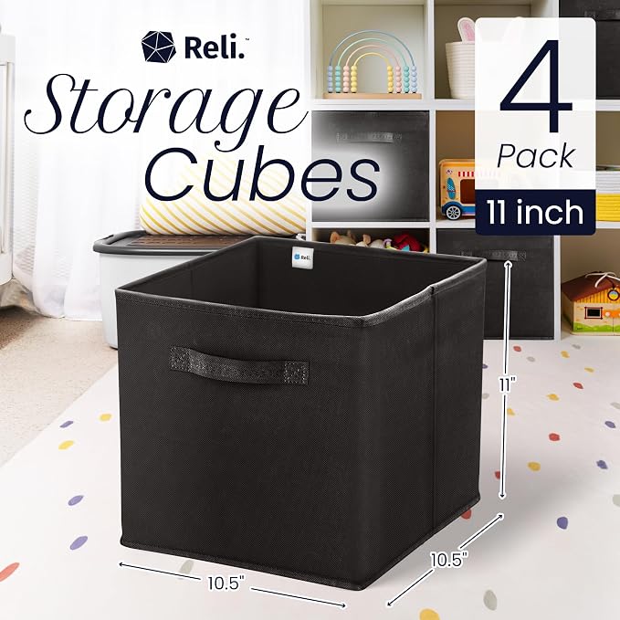 Reli. 11 Inch Cube Storage Bins (4 Pack) | Cube Organizer Bins | 11x11 Fabric Storage Boxes | Collapsible, Foldable Fabric Cubby Box (Square) | Kids Room Organization (Black)