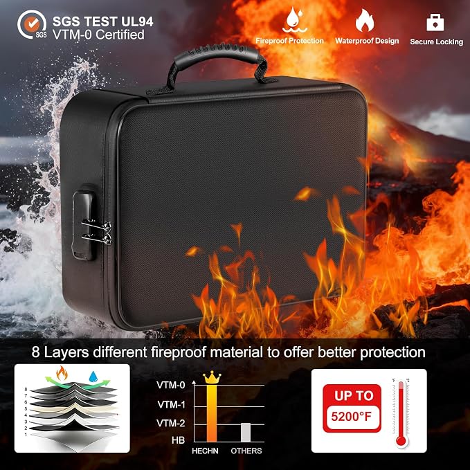 Fireproof Document Organizer Box with Lock for Important Documents | 8 Layers File Organizer, 5200°F Fire & Water-Resistant, Portable Home Travel Safe Storage, 15"x11"x4.1", Black, Soft