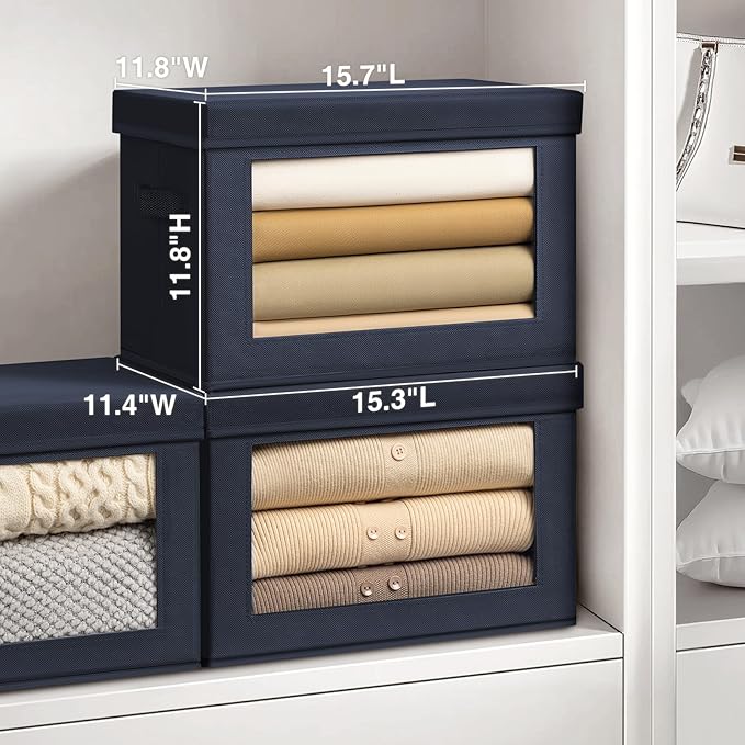 Homsorout Stackable Storage Bins with Lids - Large Decorative Basket with Lids, Fabric Foldable Closet Organizer Bins, Shelf Organizer for Living Room, Dorm, 5 Pack, Navy Blue