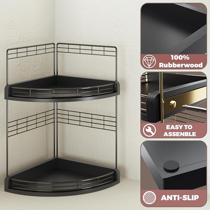 Bathroom Countertop Corner Organizer for Small Spaces, 2-Tier Counter Shelf | Oak Wood & Iron, Fan-Shaped Counter Shelf for Sink & Vanity Corners, Skincare, Toiletries, Compact Vertical Storage, Black
