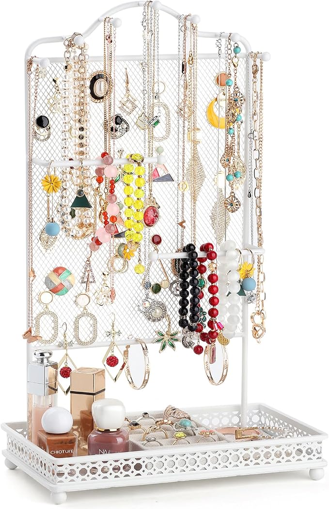 Meangood Jewelry Organizer Stand, Earring Holder Rack for Hanging Earrings Necklace Bracelets Watches Jewelry Display Large Rings Storage as Women Gift (White)