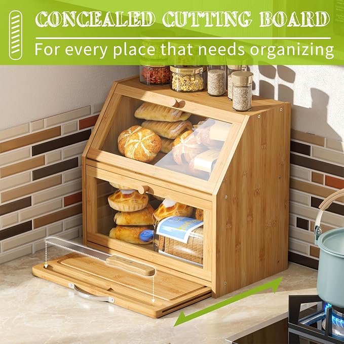 BMOSU Bread Box with Cutting Board Kitchen Bread Storage Organizer Farmhouse Countertop Double Bamboo Wood Bread Box(Natural)