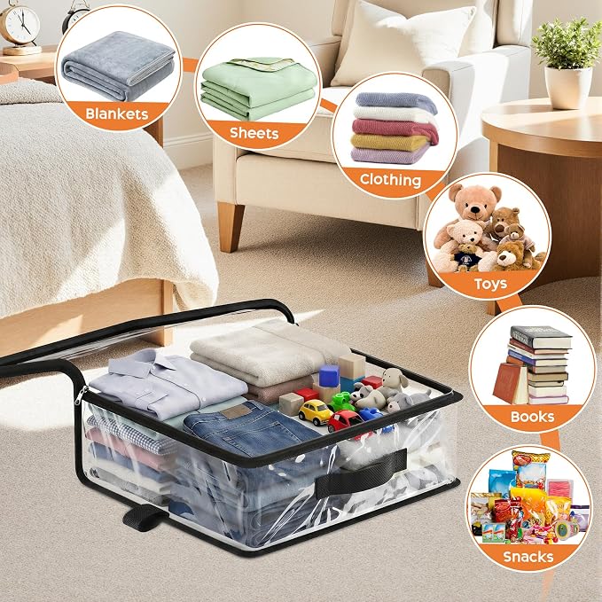 5 Pack Clear Storage Bags with Zipper Handles, Sheet Organizers and Storage | PVC Blanket Storage Bags, Foldable Under Bed Organizer for Baby Clothes Shoes Sweater Toy Bedding Sheet, 15.7x13.8x3.9’’