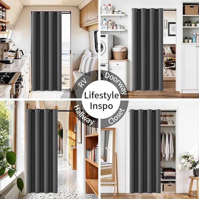 Vatge Magnetic Closet Curtain with Rod - W52 x L76, 1 Panel, Gray | Room Darkening Privacy Curtain for Entrance, Thermal Insulated, Quick Installation