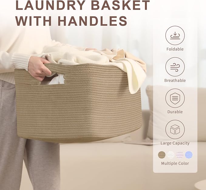 72L Large Woven Laundry Basket Hamper with Handles, Jute | 22"x17"x12", collapsible wicker hamper, storage for dirty clothes, toys, blankets, gifts, living room, bedroom, bathroom