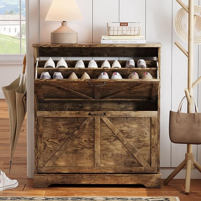 Semiocthome Farmhouse Shoe Storage Cabinet with 2 Flip Drawers, 31.5"(W) Freestanding Shoe Organizer with Barn Door and Metal Handles for Entryway, Corner Narrow Shoe Rack Cabinet - Rustic Brown