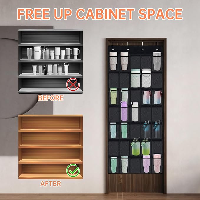 NiHome 35 Pockets Door Hanging Cup Organizer Fit for Stanley Tumbler, Black | Large Capacity Over the Door Water Bottle Organizer in Kitchen, Pantry, Classroom, Elastic Mesh Secure Storage Cup Holder