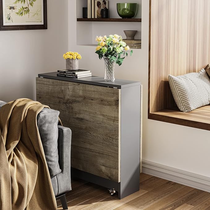 Folding Drop Leaf Dining Table with 6 Wheels and 2-Layer Storage Shelf, Space Saving Table for Small Spaces, Chestnut and Gray 51.2 inch D x 31.5 inch W x 28.4 inch H