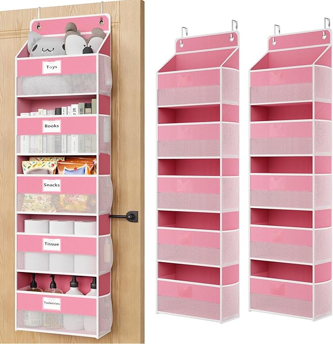 Optish Over The Door Organizer Hanging, 2 Pack 5 Shelf Behind The Doors Storage, Pantry Door Organizer, Closet Organizers for Bedroom and Nursery (Pink)