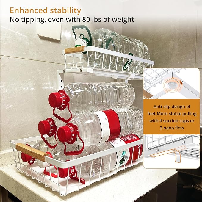 Under Sink Organizer 2 Pack, 2 Tier Pull Out Cabinet Organizers and Storage for Kitchen Bathroom Pantry Laundry, Adjustable Height, Slide Out Thickened Metal Storage Shelf (White, 2 Pack)