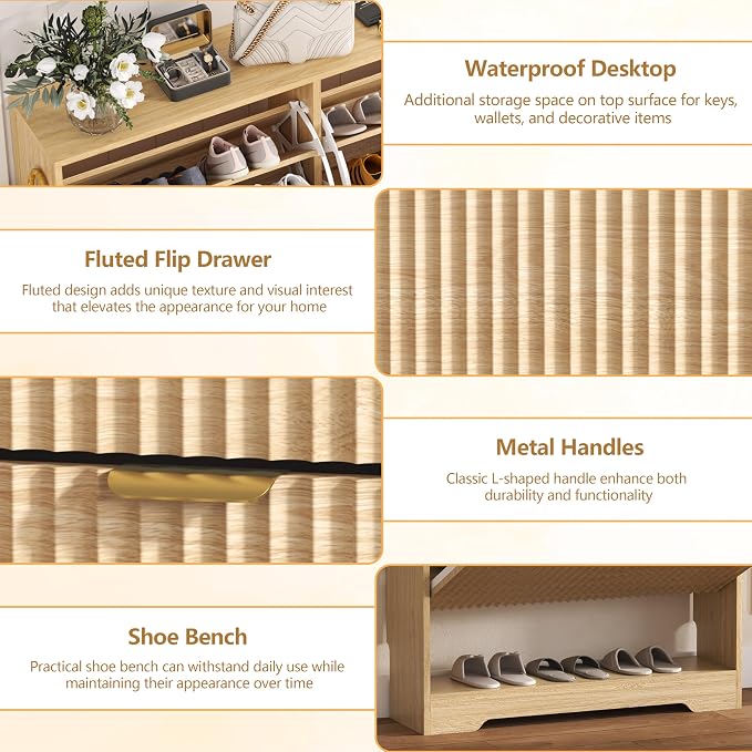HUANLEGO Shoe Cabinet Storage for Entryway with 2 Flip Drawers, Fluted Shoe Cabinet with Open Storage, Wooden Hidden Shoe Rack Freestanding Narrow Slim Shoe Organizer for Hallway, Entrance