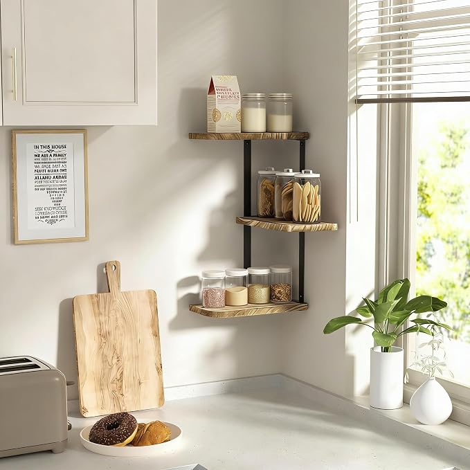 Love-KANKEI Corner Wall Shelf,3-Tier,Solid Wood,17" Tall,Carbonized Black | Easy to Install,26 lb Capacity,Floating Shelves & Brackets,For Bedroom,Living Room,Bathroom.Kitchen,Office Display,Wall Decor