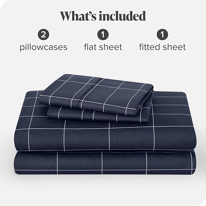 Bare Home Queen Sheet Set - Luxury 1800 Ultra-Soft Microfiber Bed Sheets - Double Brushed - Deep Pockets - Easy Fit - 4 Piece Set - Bedding Sheets & Pillowcases (Queen, Grid - Midnight/White)