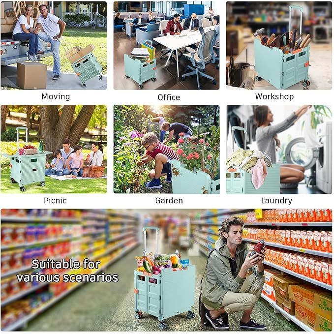 Foldable Utility Cart Collapsible Portable Crate Rolling Carts with Wheels Tote Basket with Magnetic Lid Telescopic Cover Wear-Resistant 360°Rotate Wheel Noiseless for Shopping Storage Office Use