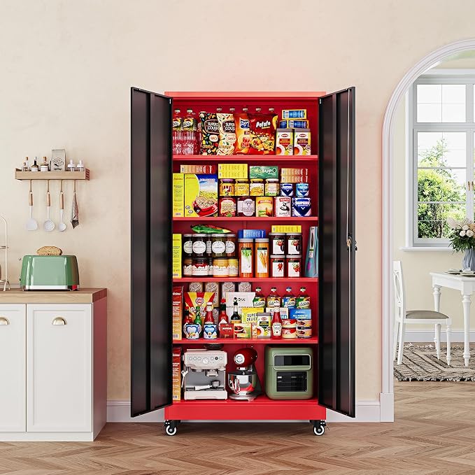 Letaya Metal Garage Storage Cabinets with Lock Door and Adjustable Shelves, Steel Tool Cabinets for Home,Office,Warehouse Organisieren (Black Red, 75" H)
