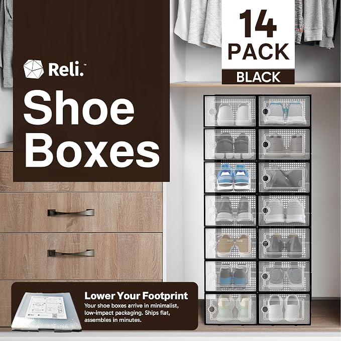 Reli. Shoe Box 14 Pack | Clear Storage Shoe Box Stackable & Compact