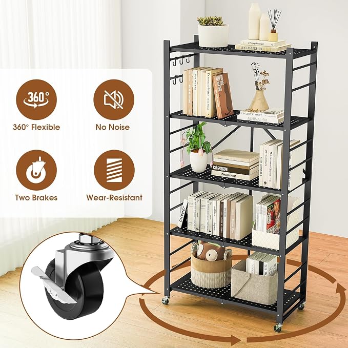Fenbeli Foldable Shelves with Wheels - 5 Tier Folding Shelf, Collapsible No Assembly Metal Shelving Unit, Origami Storage Shelves & Rolling Storage Rack with 8 Hooks for Kitchen Pantry Garage