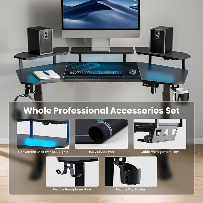 EUREKA ERGONOMIC Aero 55 Inch W Shaped Electric Standing Desk, Height Adjustable Computer Gaming Desk with LED Monitor Shelf, Mouse Pad, Headphone Hook, Cup Holder, Carbon Black