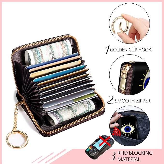 Blusabaca RFID Credit Card Holder Small Women Travel Wallet, Evil Eye | Removable Keychain, Case with Zipper, Vegan PU Leather, Cash Coin Pocket, Business Accordion Purse, Ladies Female Gift