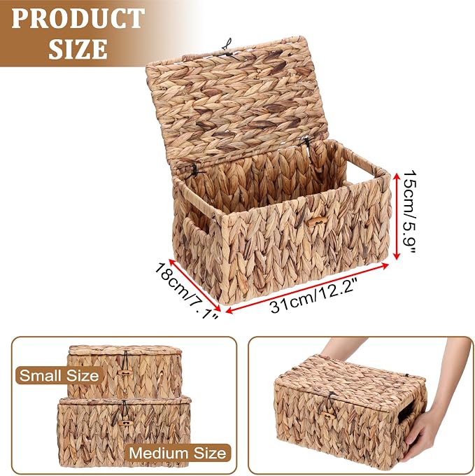 Sumnacon Storage Basket with Lid, Water Hyacinth Shelf Baskets for Organizing, Farmhouse Bathroom Woven Bins for Tampons and Pads, Toilet Paper, Towels,Decorative Organizer Box for Counter, Vanity (M)