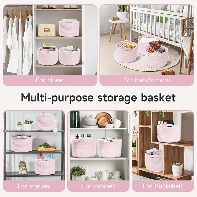 Small Rope Baskets for Storage, Baskets for Gifts Empty, Cute Round Woven Basket, Decorative Shelf Baskets 9.82×9.82×7.1", Cotton Toy Basket Storage Bins for Organizer 3 Packs-Pink