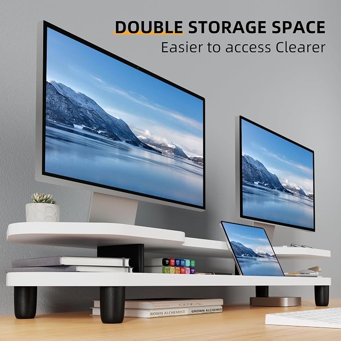 AFOOYO 2 Tier Dual Monitor Stand Riser,Wider Board Computer Monitor Stand for 2 Monitors,Slot For Phone/Tablet Office Desktop Organizer for Laptop,PC,Computer,Printer,White