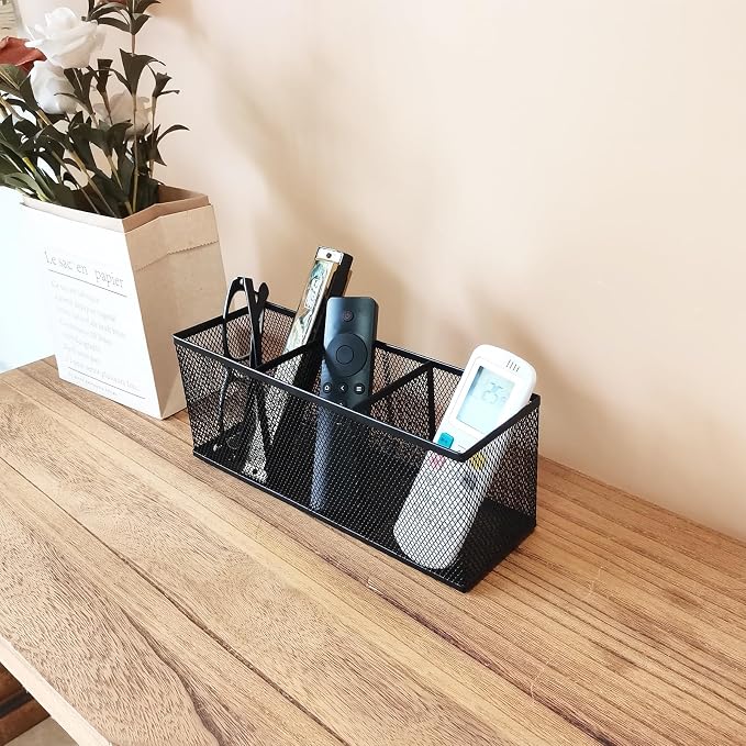 2-Pack Metal Mesh Pencil Holder, Spacious 3-Compartment Desk Organizer for Pens, Makeup Brushes, Utensils, Desktop Storage for Home, Office, School, Kitchen, 10.43x3.35x4.04 Inch, Black