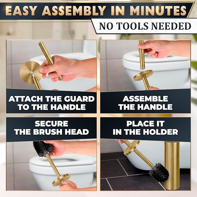 Gold Toilet Brush and Holder Set - Brushed Stainless Steel Gold Toilet Bowl Brush and Holder with Replaceable Head, Removable Inner Bowl, and Splash Protection - Dense Bristles for Thorough Cleaning