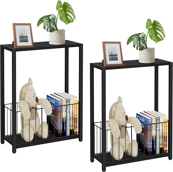 Homleke Narrow Side Tables Set of 2 with Magazine Holder, Skinny End Tables | Space-Saving Design, Small Spaces, Storage Shelf, Metal Frame, Easy Assembly, 7.1" D x 16.9" W x 23.6" H, Black