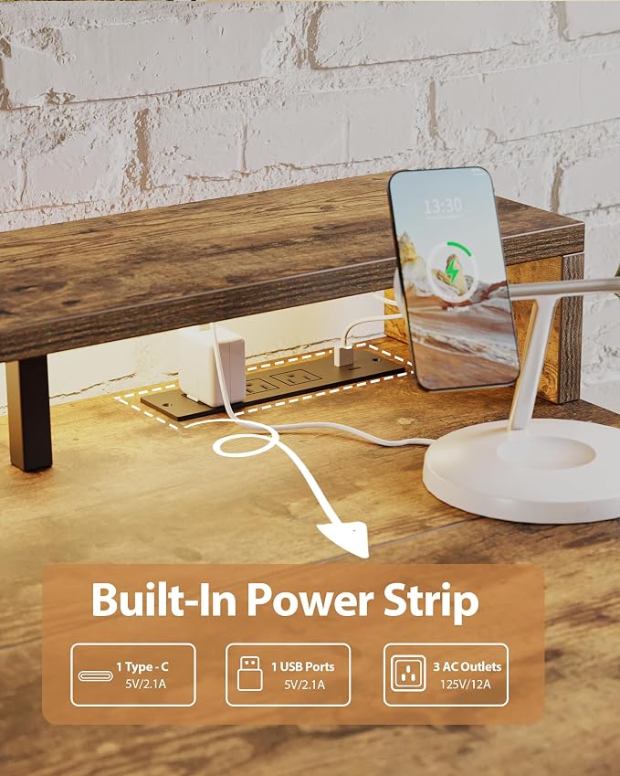 Agilestic 55 x 24 Inch Electric Standing Desk with Shelf, Height Adjustable Desk with Power Outlets & LED, Sit Stand Up Table with Monitor Stand, Computer Workstation, Rustic Brown