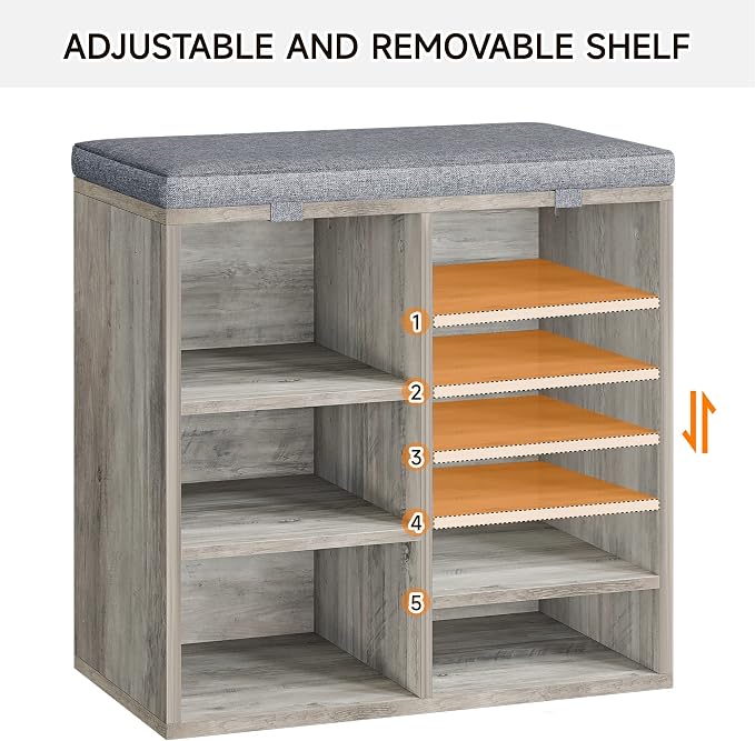 coucheta Shoe Storage Bench with Cushion, Cubby Seat Shoe Cabinet, Small Shoe Rack Bench with 3-Tier Adjustable Shelf for Entryway, Bedroom, Living Room, Hallway, Closet and Garage (Grey, 20 Inches)