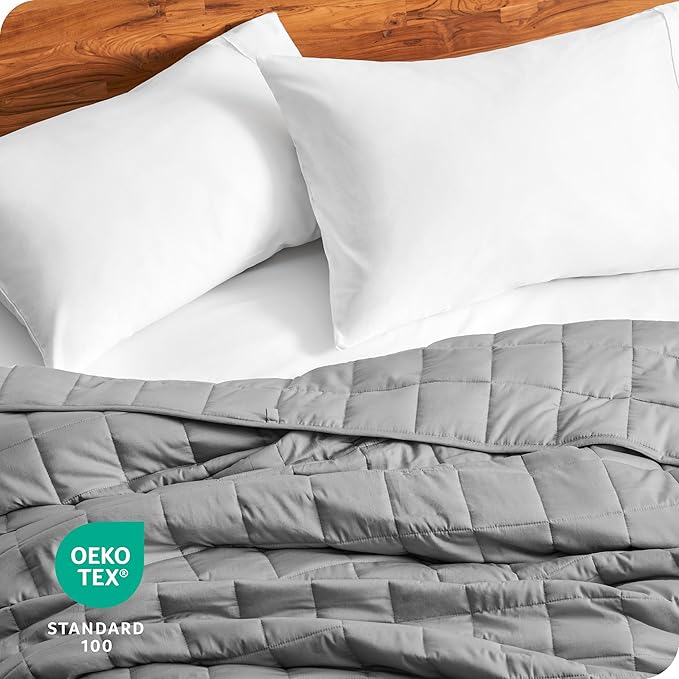 Bare Home Weighted Blanket All-Natural 100% Cotton with Nontoxic Glass Beads 48"x72" 12lbs, Light Grey
