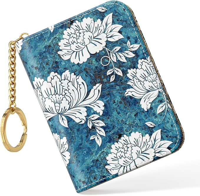 Nipichsha Credit Card Holder, Small RFID Card Wallet for Women, Slim Leather Card Holder Wallet, Credit Card Wallet Organizer, Pocket Business Card Case with Zipper & Keychain, White Flowers