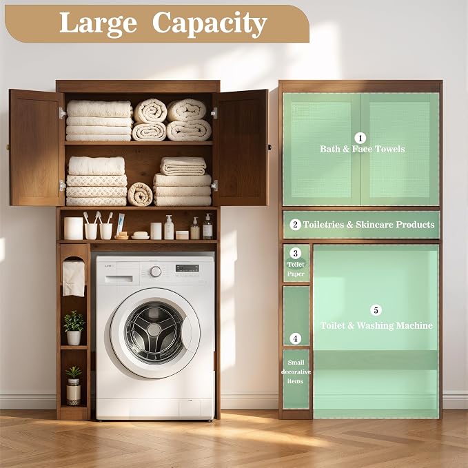 Over The Toilet Storage Cabinet Bathroom Shelf Over Toilet Bathroom Organizer Space Saver Rack with Adjustable Shelf (Chocolate, Rattan Style)