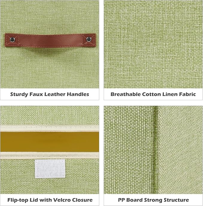 Storage Boxes with Lid Cotton Linen Fabric Storage Bins Organizer Container Decorative Collapsible Washable Shelf Baskets Faux Leather Handles for Home Bedroom Closet (Green, Small Size)