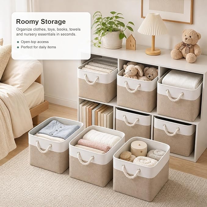 11x11 Inch Cube Storage Bins, 6 Pack Collapsible Fabric Storage Cubes with Rope Handles, Waterproof Foldable Storage Baskets for Cube Shelves, Closet, Clothes, Toys, Books, White & Beige
