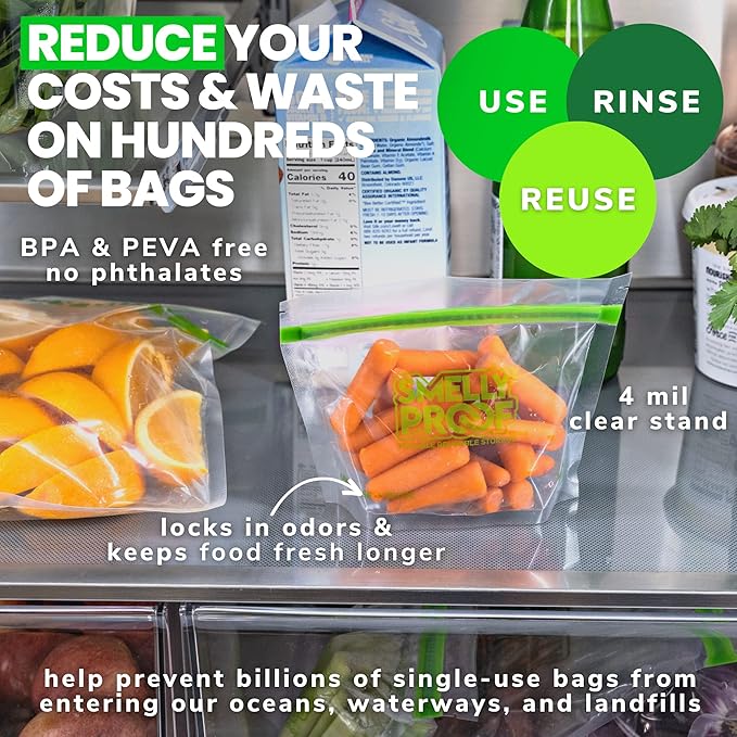 Smelly Proof 25 x Expandable Stand-Up & Fill REUSABLE Food Storage Bags, US Made, NO PEVA & BPA FREE, Reusable Freezer Bags, Dishwasher-Safe, Clear 3 mils STAND & FILL 4" x 3" - 25pk