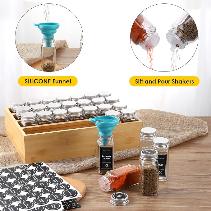 Bamboo Spice Rack Organizer With 28 Glass Spice Jars 4 oz, for Countertop | 780 Labels, 4 Tier Wood Hanging Shelf, Chalk Marker and Funnel Set for Drawer Cabinet Kitchen Wall Mount, Empty 4 oz Jars