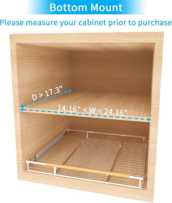 Expandable Pull Out Drawer Cabinet Organizer, Adjustable Width Bottom-Mounted Slide Out Storage Shelves for Cabinets, Required Cabinet Size (14.16"~24.36", D≥17.3"), 2 Pack