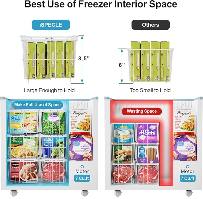 iSPECLE Freezer Organizer Bins - 5 Pack Adjustable Width for 5 to 7 Cu.Ft Chest Freezers, Stackable Wire Storage Baskets, Assembly Required, White