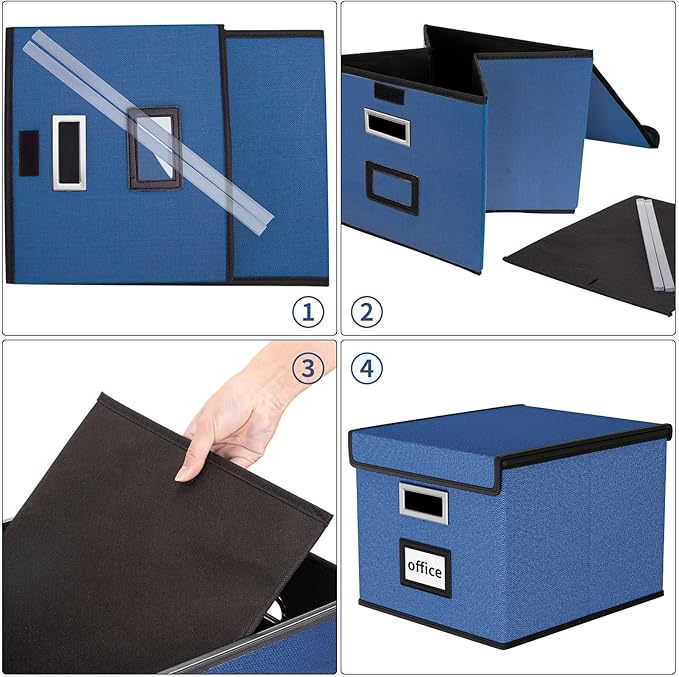 Huolewa File Organizer Box with Lid, Collapsible File Folder Organizer for Office Document Storage, Filing Box with Plastic Slide for Letter Size Hanging File Folders(1 Pack, Royal Blue)