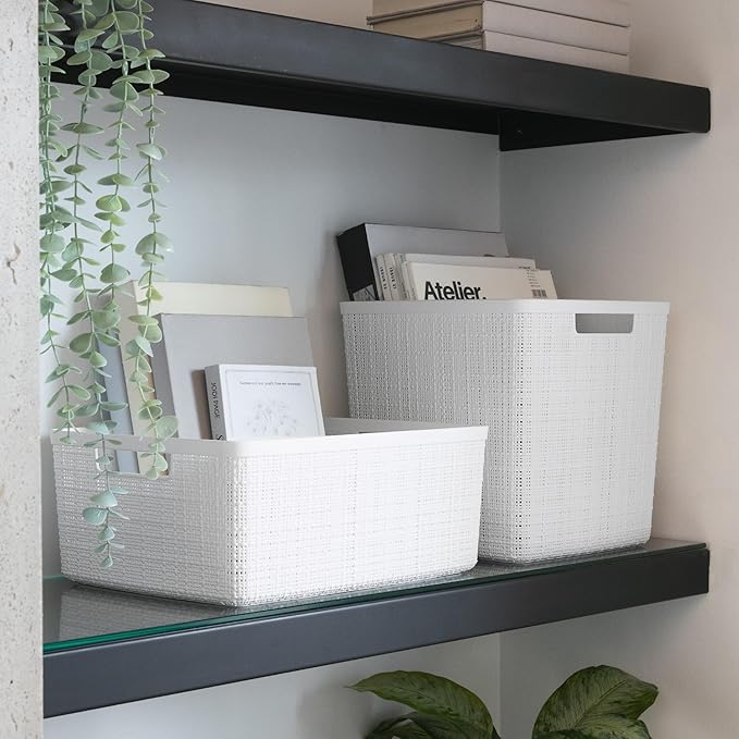 Curver Set of 4 Large Cube 17L Jute Decorative Plastic Organization and Storage Baskets - Perfect Bins for Home Office, Closet Shelves, Kitchen Pantry and All Bedroom Essentials, White