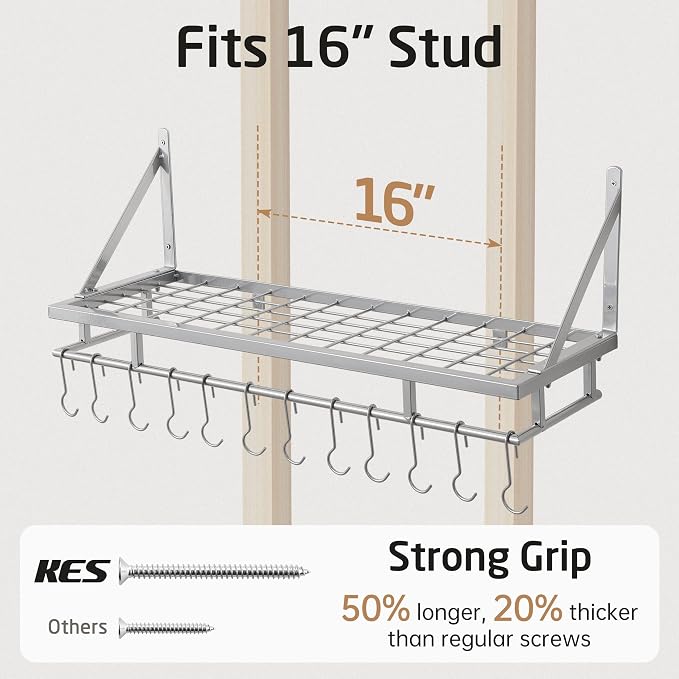 KES 30-Inch Silver Gray Pot Rack with 12 Sturdy Hooks, Wall Mounted | Holds 88 lbs, Cast Iron Pots and Pans Organizer, Kitchen Wall Hanging Hanger Shelves, Modern, KUR215S75A-SG