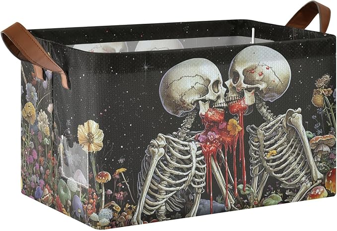 Black Skeleton Gothic Storage Bins for Shelves with Labels&Handles Halloween Organizer Bin Foldable Rectangle Storage Basket Black Goth Skull Boxes for Closet, Bathroom, Home, Living Room, Laundry
