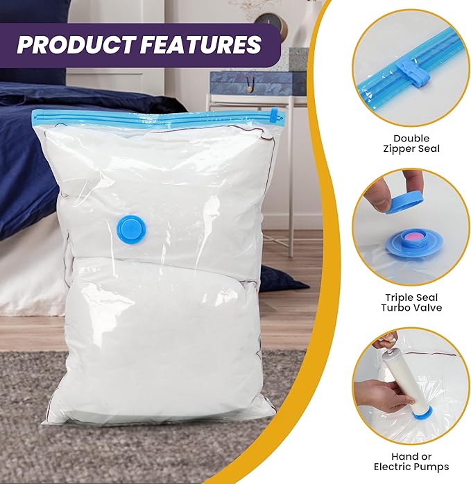Vacuum Compression Zipper Storage Bags with Hand Pump, Multiple Pack of 64 (5 Jumbo, 5 Large, 6 Medium, 6 Small, 5 Roll M, 5 Roll S), Clear