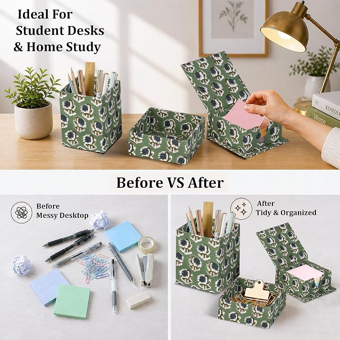 Ridhi Basil Green Block Print Handmade Office Desk Organizer Pen and Sticky Note accessories Holder Cute, Aesthetic, Decor workspace Caddy Gift for Office, Teachers, Professionals, Students