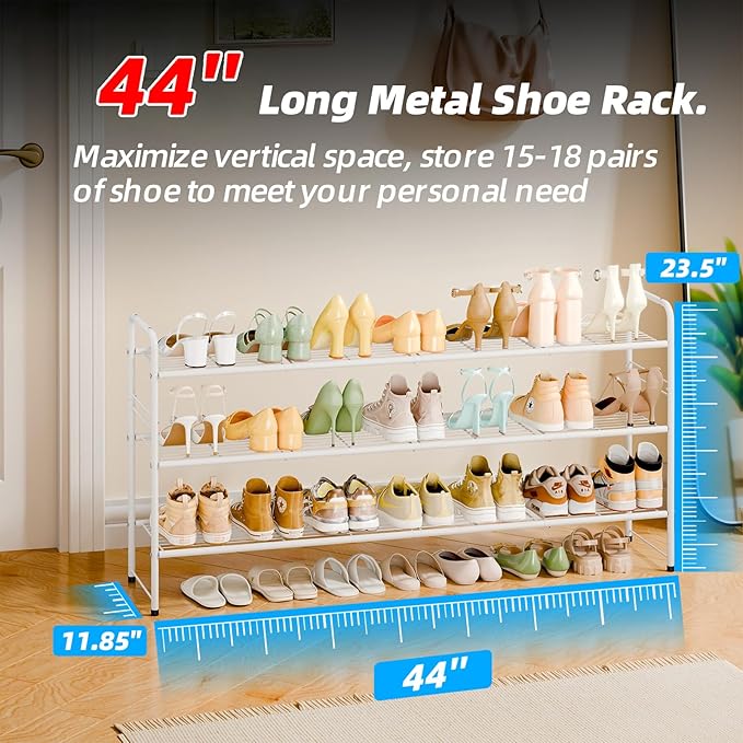 3 Tier Shoe Rack for Closet, 44 Inch Extra Long Shoe Storage Organizer for Shelves, Heavy Duty Metal, Easy Assembly, White