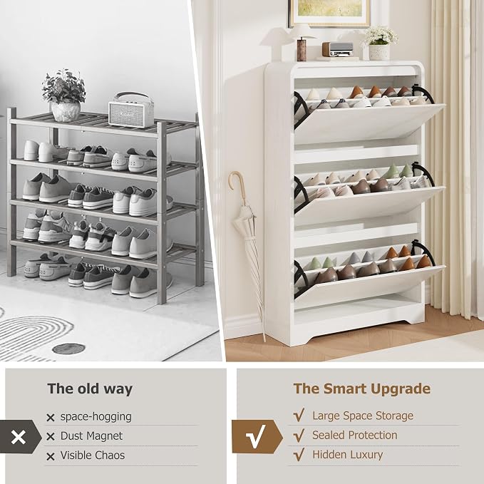 Garvee Hidden Shoe Cabinet, White | 3 Flip Drawers, Freestanding, For Entryway, Hallway, Foyer, Modern Design, Small Space